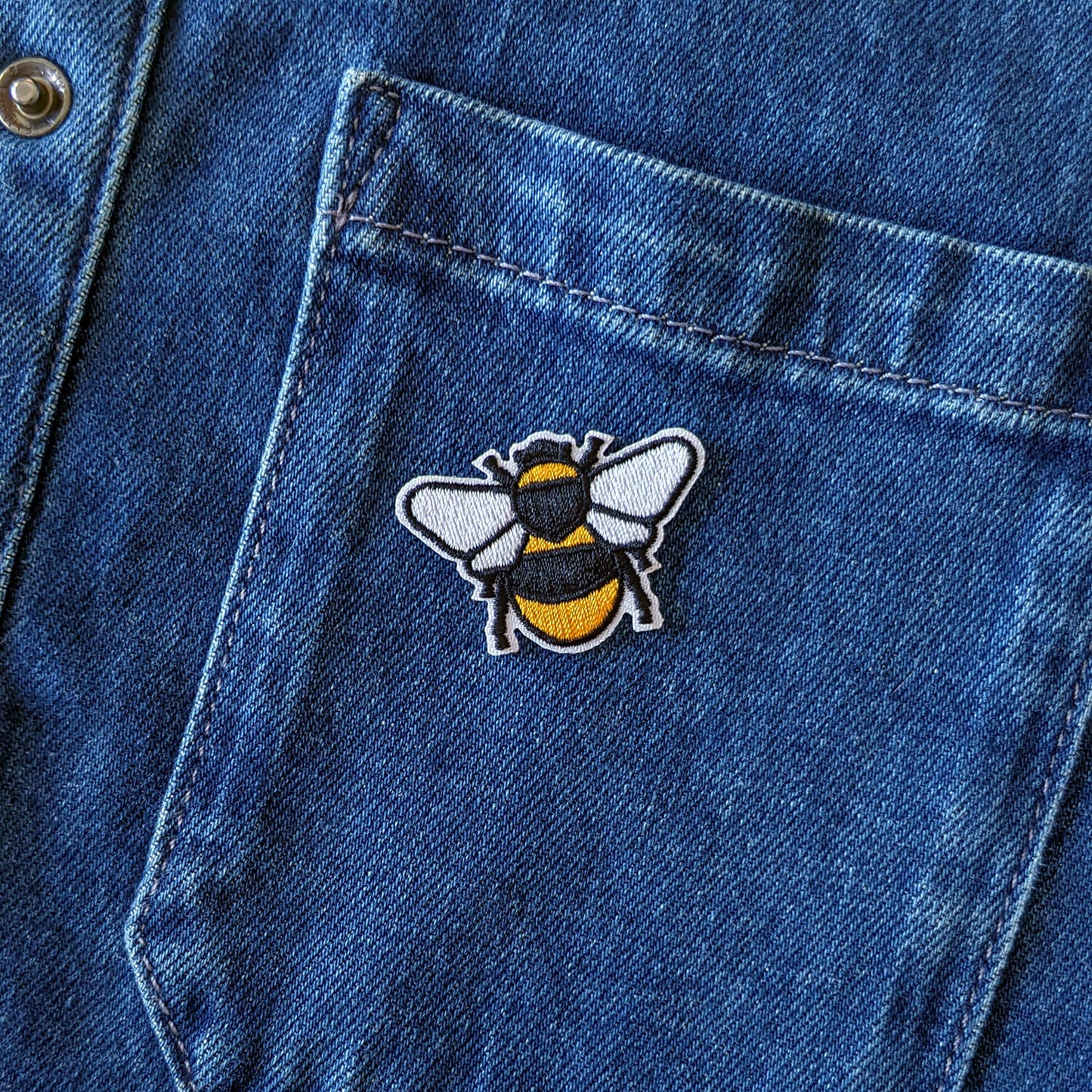 Small bee patch on denim jumpsuit - The Moonlit Press UK