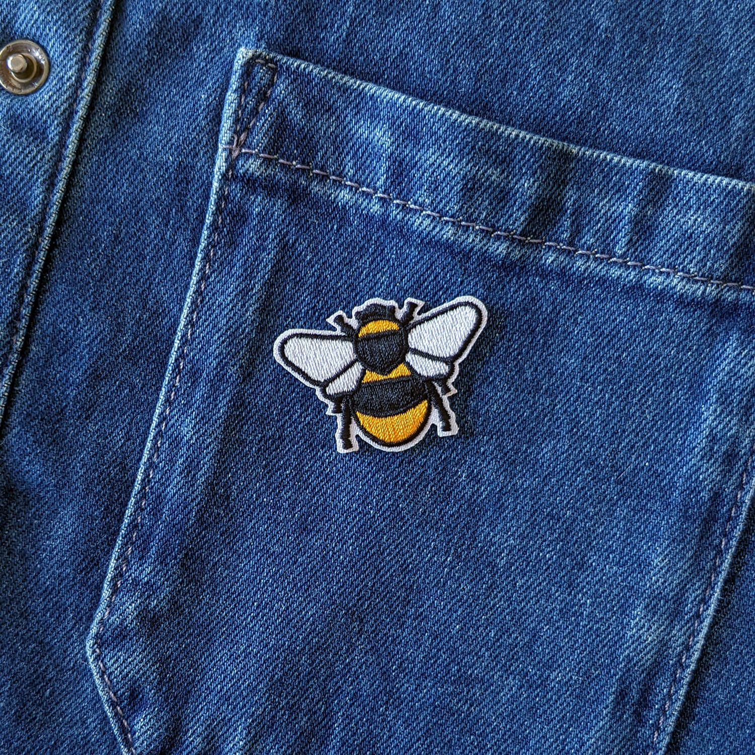 Small bee patch on denim jumpsuit - The Moonlit Press UK